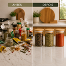 Kit 3 Potes Herméticos de Vidro com Tampa de Bambu para Temperos Mantimentos