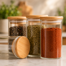 Kit 3 Potes Herméticos de Vidro com Tampa de Bambu para Temperos Mantimentos