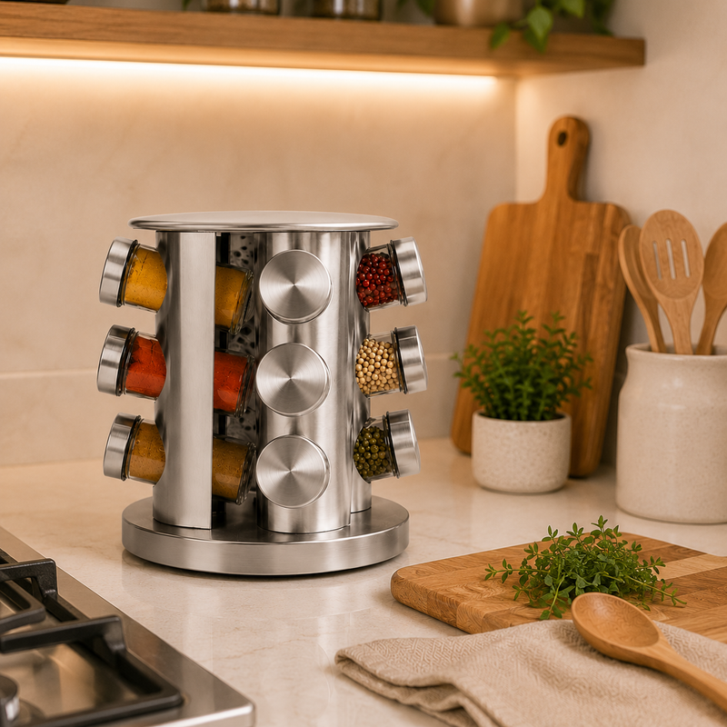 Porta Temperos Giratório 360° Inox com 12 Potes de Vidro