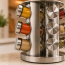 Porta Temperos Giratório 360° Inox com 12 Potes de Vidro