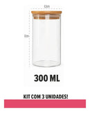 Kit 3 Potes Herméticos de Vidro com Tampa de Bambu para Temperos Mantimentos