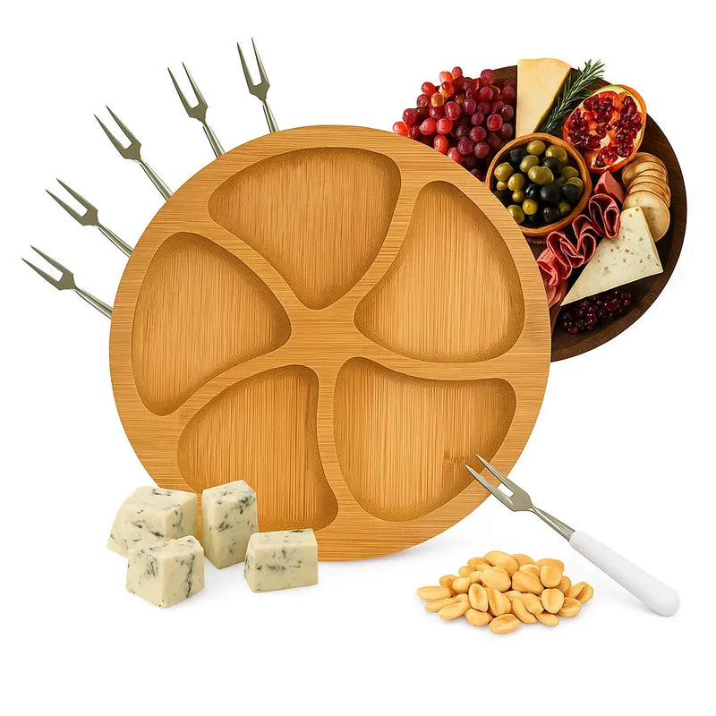 Kit Petisqueira Redonda Para Frios Queijo Com Molheira e Garfinhos para Petiscos Aperitivos
