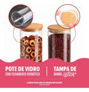 Kit 3 Potes Herméticos de Vidro com Tampa de Bambu para Temperos Mantimentos