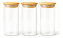 Kit 3 Potes Herméticos de Vidro com Tampa de Bambu para Temperos Mantimentos