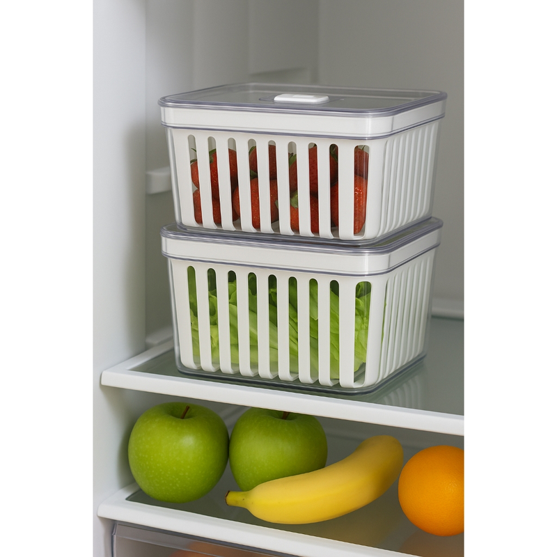 Kit Organizador de Geladeira 3.8 Litros Cesto Com Tampa Multiuso Alimentos Verduras e Vegetais