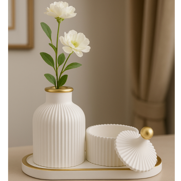 Kit Decorativo com Detalhe Dourado 3 Peças Vaso Bandeja e Porta Objetos
