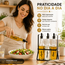 Galheteiro Porta Azeite Vidro 3 Potes 370ml Vinagreiro Azeiteiro Suporte Ferro