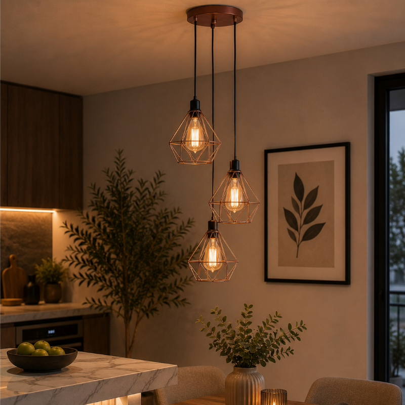 Luminária Teto Conjunto Lustre Pendente Diamante Triplo e-led Aramado Cozinha Sala Quarto Lavabo